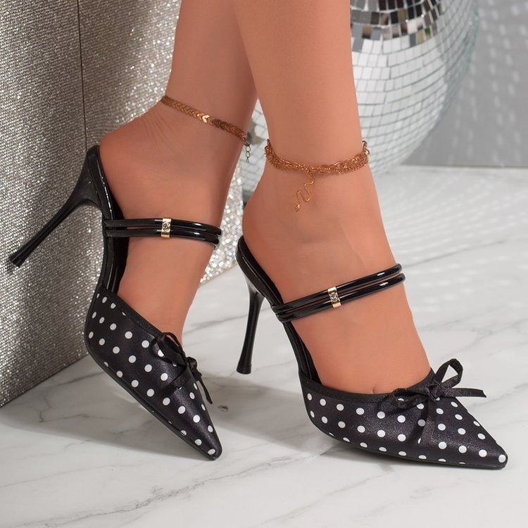 summer new polka dot pointed-toe high heel women's shoes - bow-tie closed-toe stiletto heel sandals & slippers - cross-border e-commerce