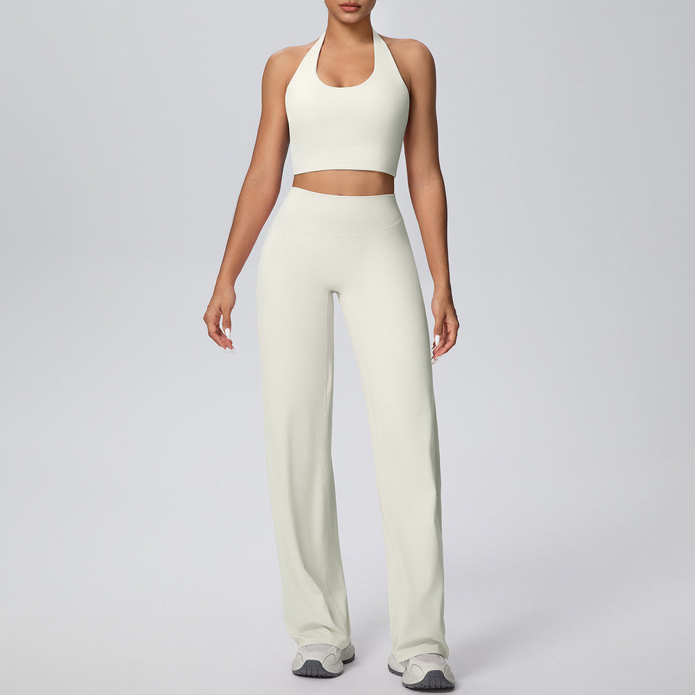 New arrival cross-border pure color double-sided brushed halter wide-leg pants yoga suit sports running fitness two-piece set for women