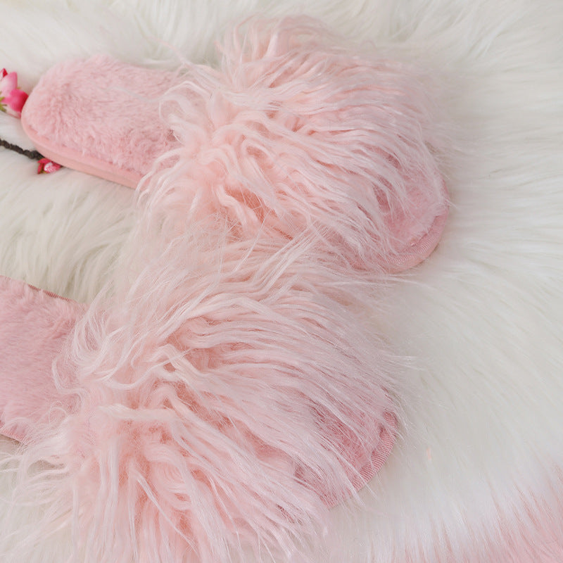 Slippers long hair fall and winter women open toe k-stylefashionbows fur one-line drag artificial fur wooden floor artificial fur