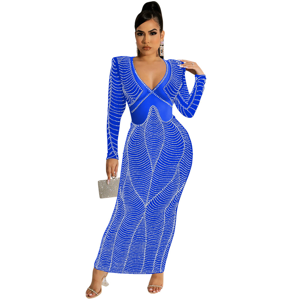 C5912   fashion sexy nightclub hot diamond mesh see-through v neck long sleeves long skirt dress women
