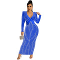 C5912   fashion sexy nightclub hot diamond mesh see-through v neck long sleeves long skirt dress women