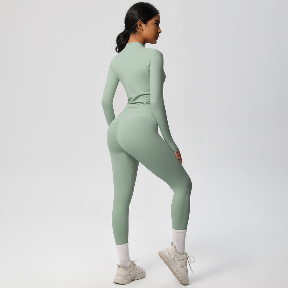European and american quick-dry seamless zip-up workout set: high-waisted, butt-lifting yoga pants for women, perfect for outdoor running and fitness