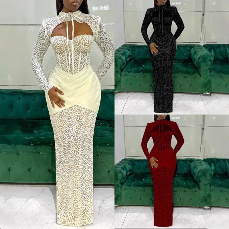 European and American new semi-turtleneck lace-up splicing low-cut sexy hip-wrapped long-sleeved dress evening dress