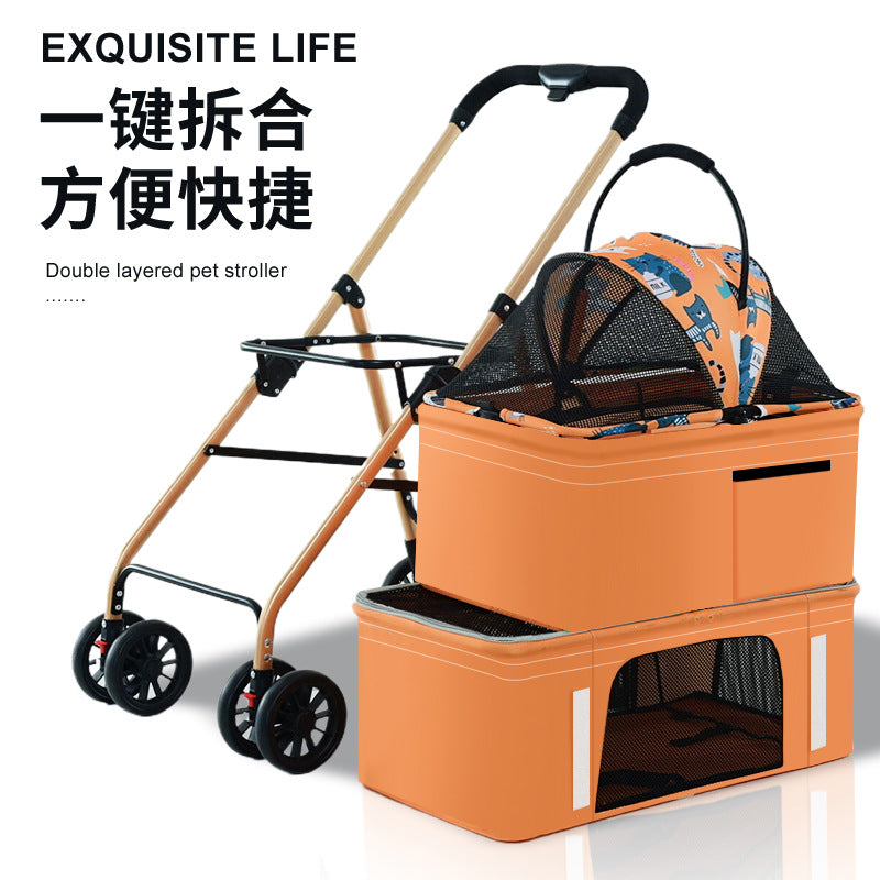 Double-layer pet stroller - dog & cat pet stroller - one-click fold - high-view pet stroller - lightweight pet carrier