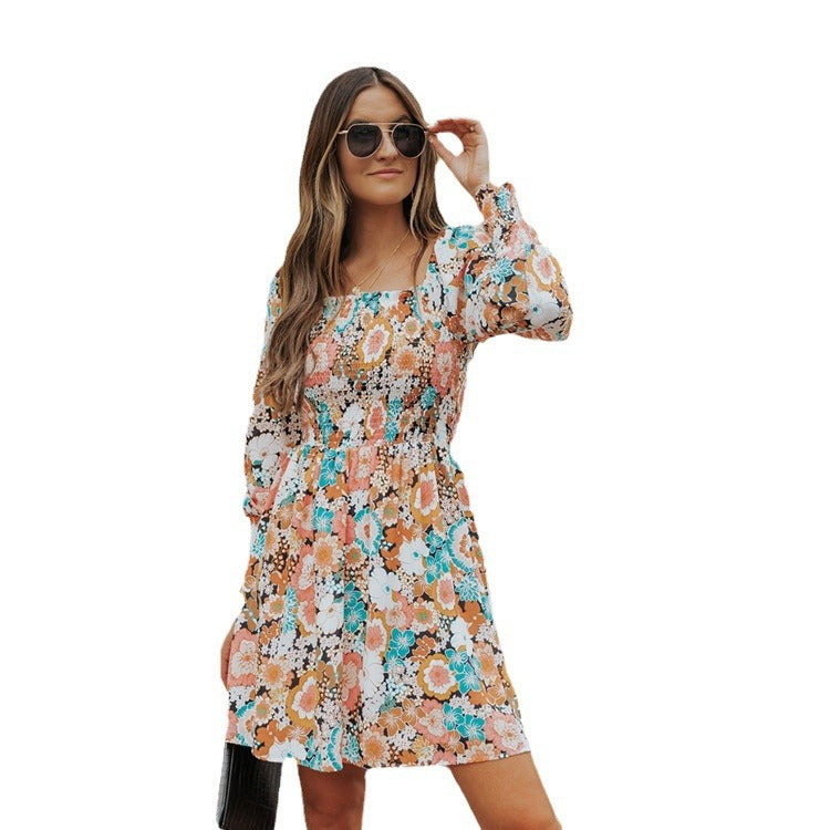 European and american cross-border chic women's clothing:  autumn new collection - square neck, long sleeve, printed, waist-cinching, slim-fit midi dress