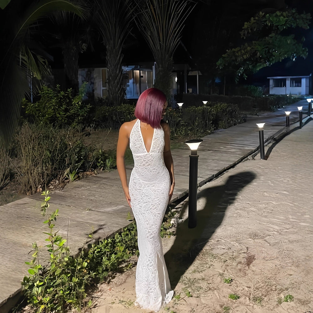 European and american cross-border women's fashion:  early winter new sleeveless halter v-neck tie-back slim-fit maxi dress