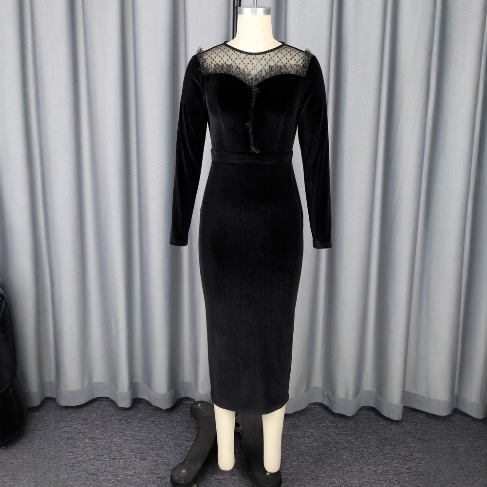 French round neck see-through velvet dress - sexy mesh panel long sleeve bodycon mini dress for evening events