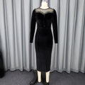 French round neck see-through velvet dress - sexy mesh panel long sleeve bodycon mini dress for evening events