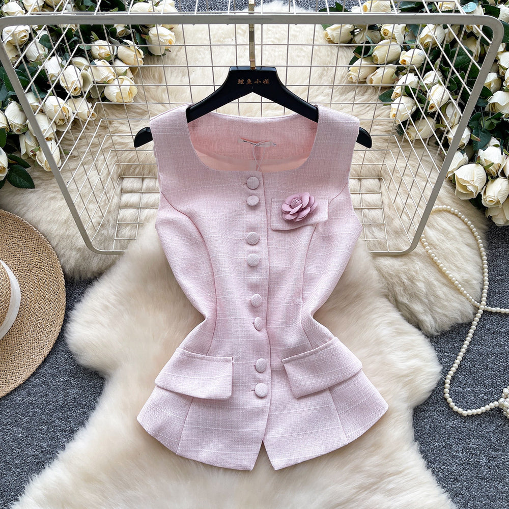 Xiaoxiangfeng v neck single breasted vest for women spring and summer stereo flower brooch waist elegant vest vest work clothing