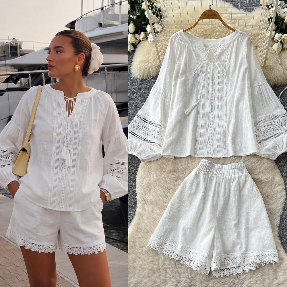 Gentle wind yellow cut outlacetwo-piece set female autumtie back lantern sleeve topssuit relaxed sense outfit