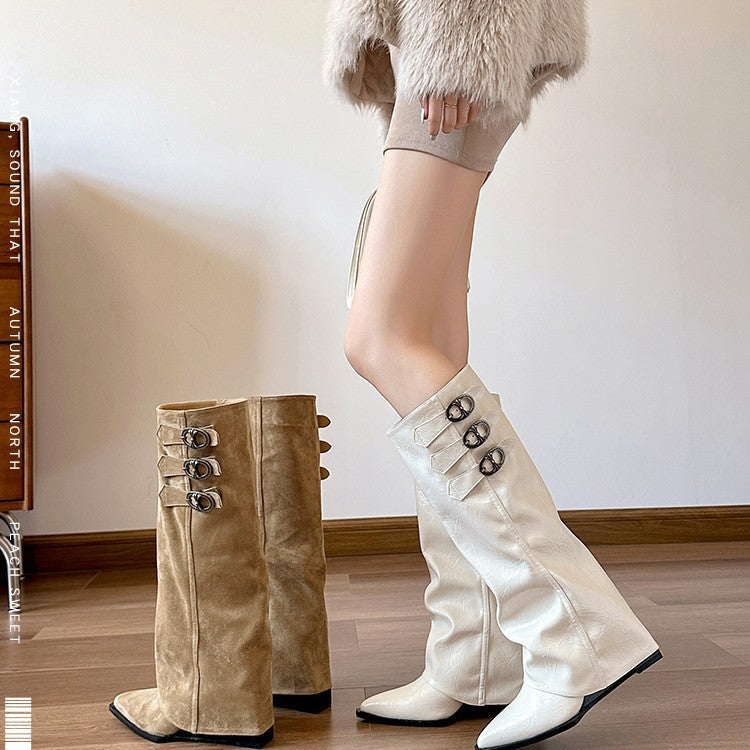 Pointed toe mid-heel hidden wedge over-the-knee boots with belt buckle detail - women's fall/winter french style suede fashion boots
