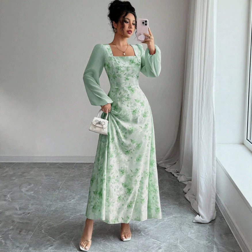 European and american cross-border  french mist light green smudged long skirt square neck long high waist a-line long fairy dress