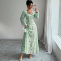 European and american cross-border  french mist light green smudged long skirt square neck long high waist a-line long fairy dress