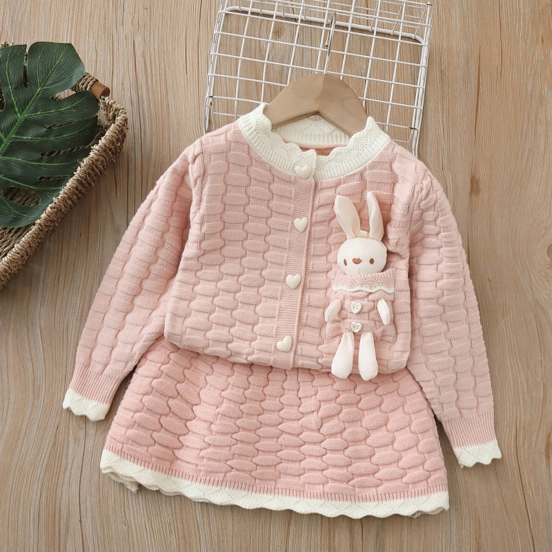Girls' knit sweater set - new  collection: cardigan & skirt outfit with oversized collar
