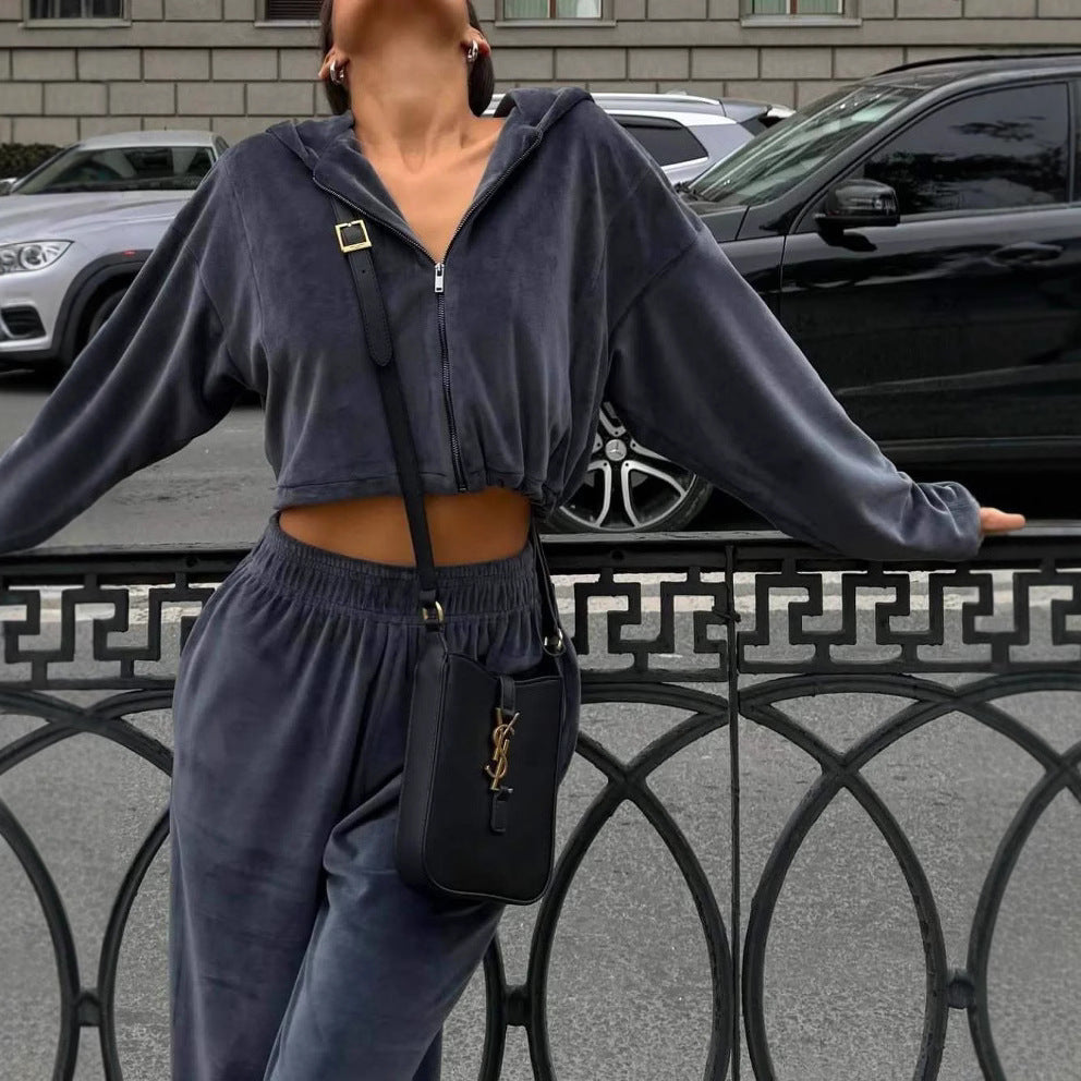 Europe, America, autumn and winter new Spice Girl solid color hooded navel long-sleeved sweater pants set women's fashion suit zipper cardigan