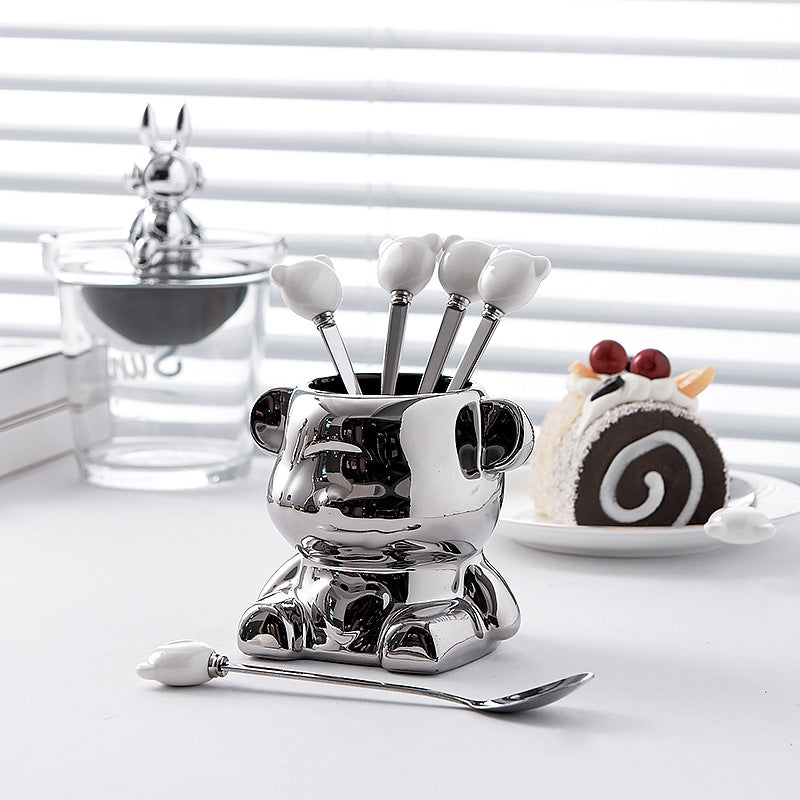 Ceramic bear stainless steel fruit fork set - stylish fruit picks, home use, light luxury forks and spoons, wholesale fruit forks