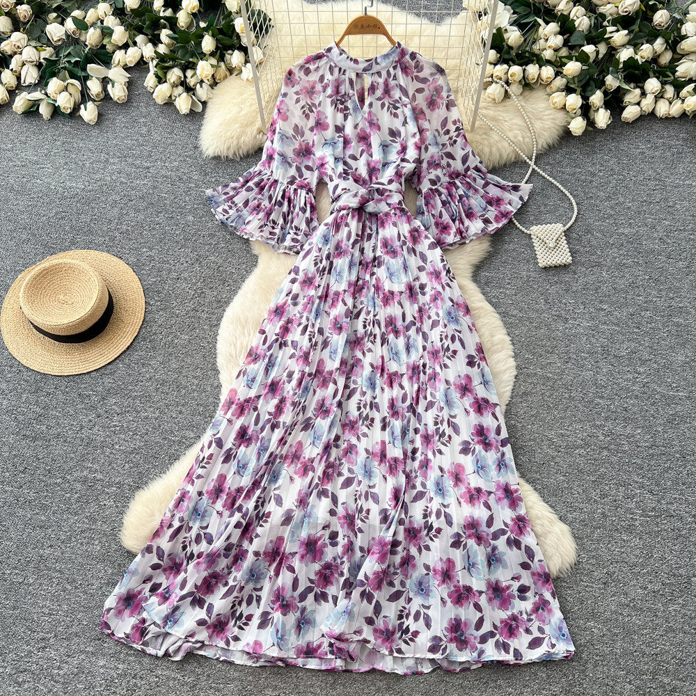 French chic floral print loose-fit dress - women's summer long sleeve a-line maxi dress - elegant and flattering, perfect for a sophisticated look