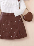 autumn new arrival: textured round neck top with ruffle collar + beaded pu leather skirt two-piece set