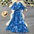 Women's spring dress : french chic tie-waist v-neck asymmetrical print chiffon maxi dress