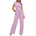 2024 european and american amazon new arrival: solid color casual set - ruched short sleeve top & high-waisted wide leg pants tracksuit