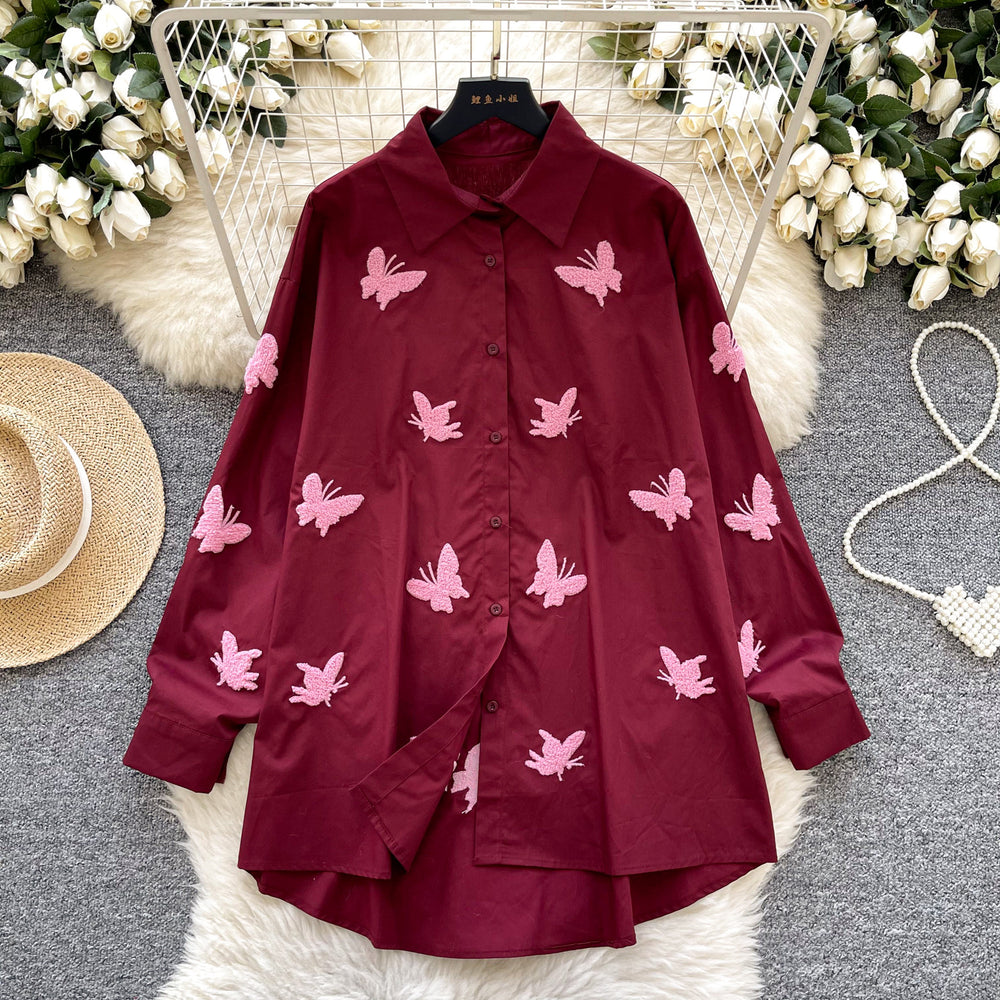 French chic heavy butterfly embroidery loose long sleeve blouse - women's spring premium style, age-defying, versatile, and slimming shirt