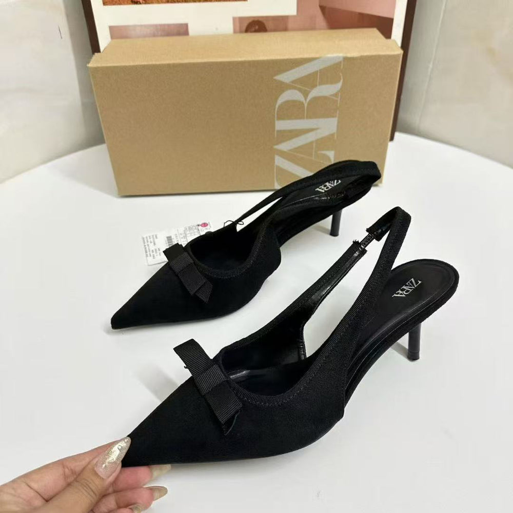 Za2025autum new product black fabric bows open heel high heel mules pointed toe flats back strap flats