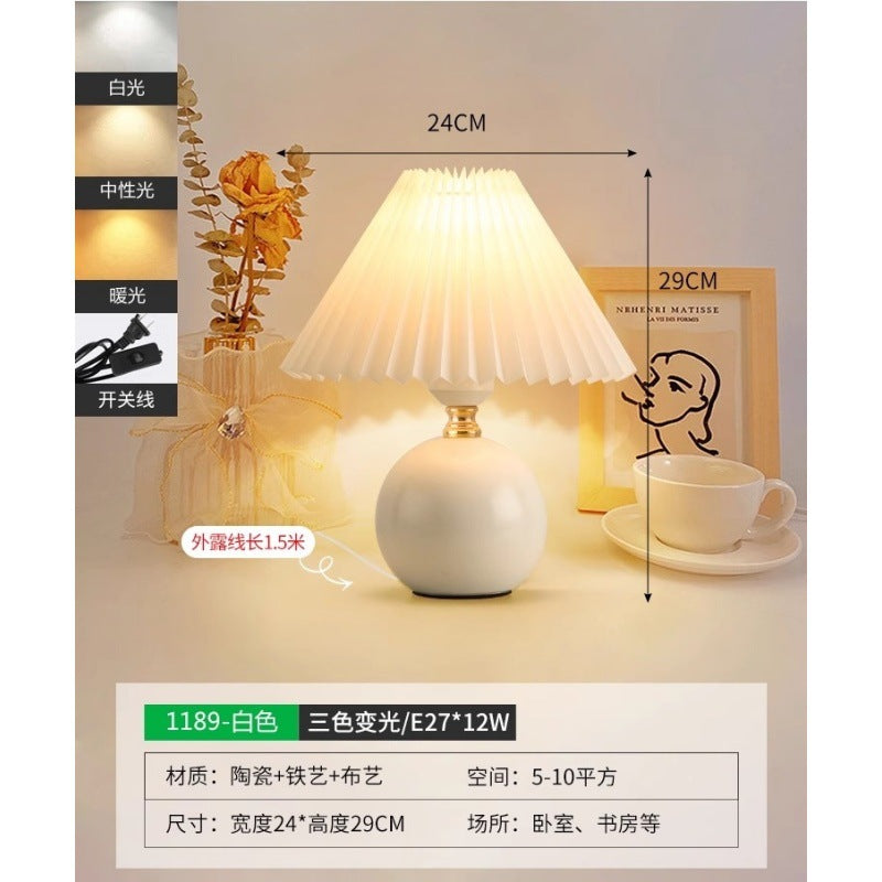 Table lamp bedside lamp pleated girl bedroom night lamp Nordic Internet celebrity ins decorative ceramic atmosphere lamp 1