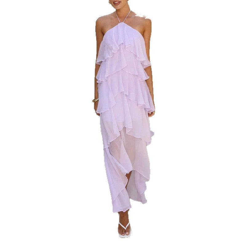 european and american export women's clothing: new summer elegant halter neck ruffle solid color vacation style maxi dress