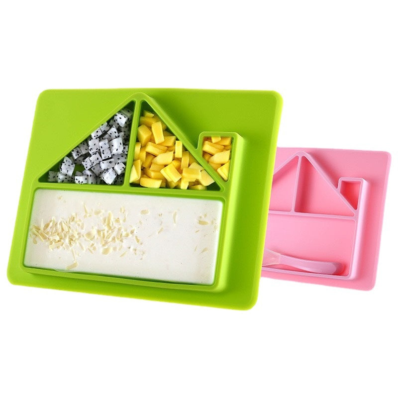 Factory cartoon house silicone plate baby all-in-one suction bowl kids silicone tableware with spoon