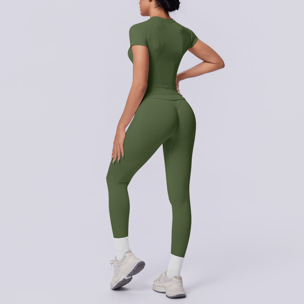 fashion seamless knittingpure color tight breathable long yoga suit sports running fitness two-piece set