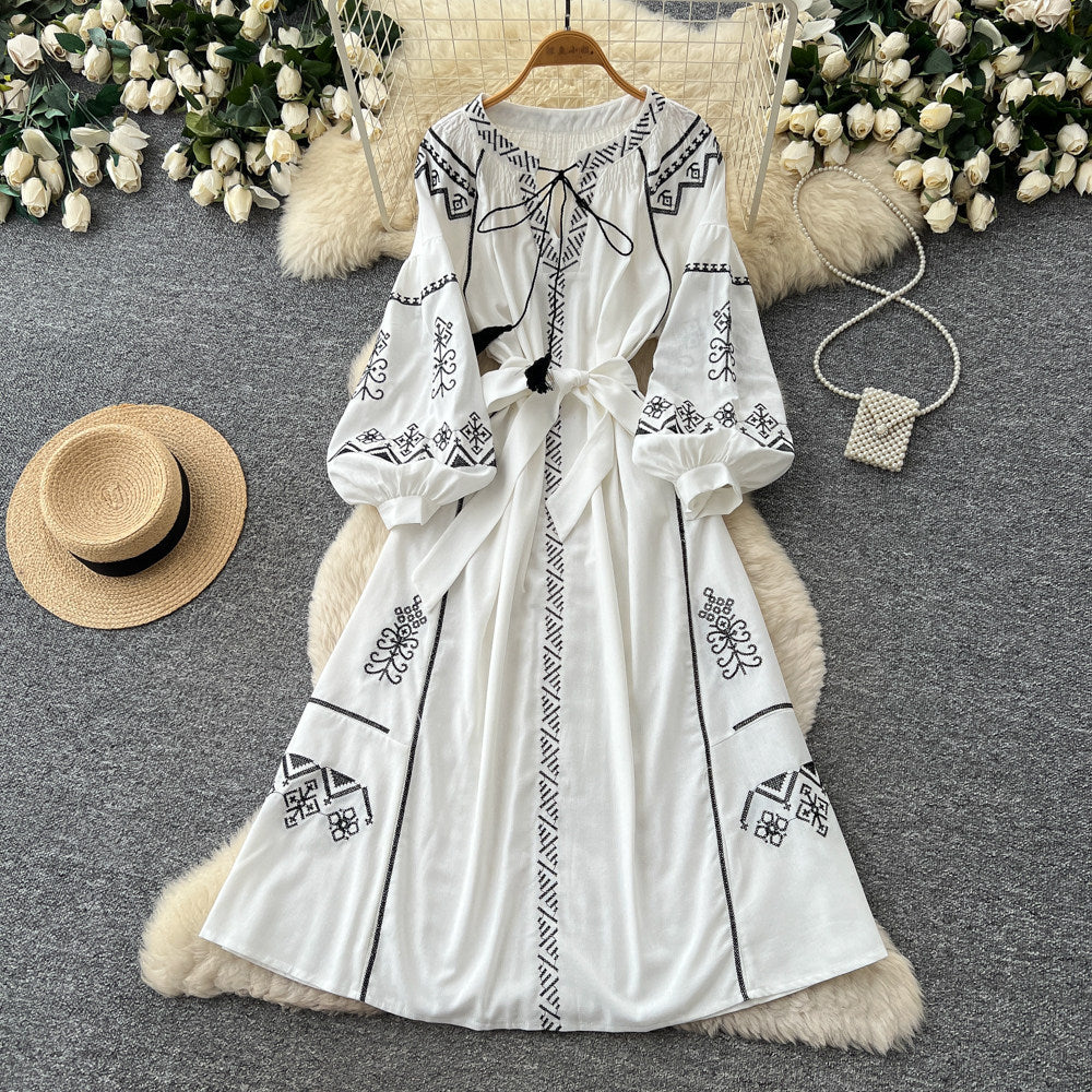 Bohemian embroidered maxi dress - women's summer long sleeve tie-waist a-line dress - vintage ethnic style