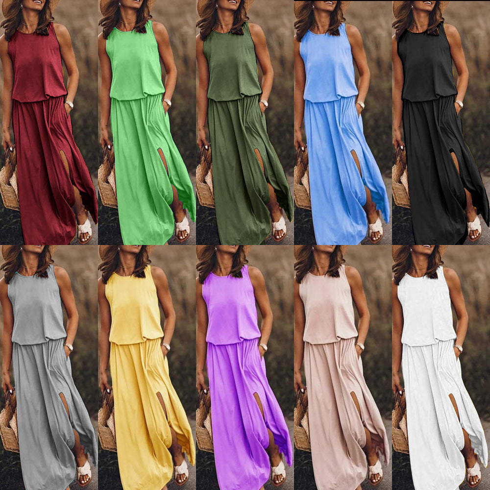 summer new arrivals: cross-border  fashion - european & american style women's sleeveless crew neck dress with slit, available in multiple solid colors