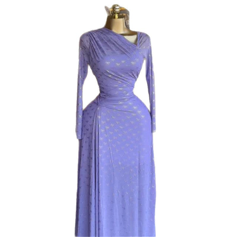European and american women's clothing  autumn new sweet and fresh printed mesh one-shoulder long sleeve high-waisted slimming dress