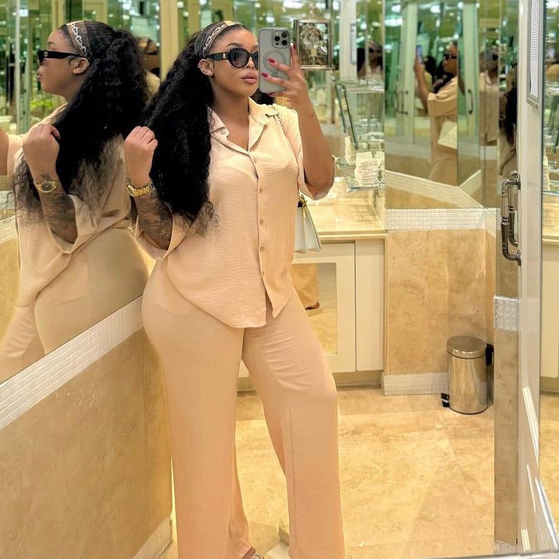 Cross-border Africa  Fashion Casual Loose Short Sleeve Shirt Cardigan Pants Set Women's Two-piece Set Women's