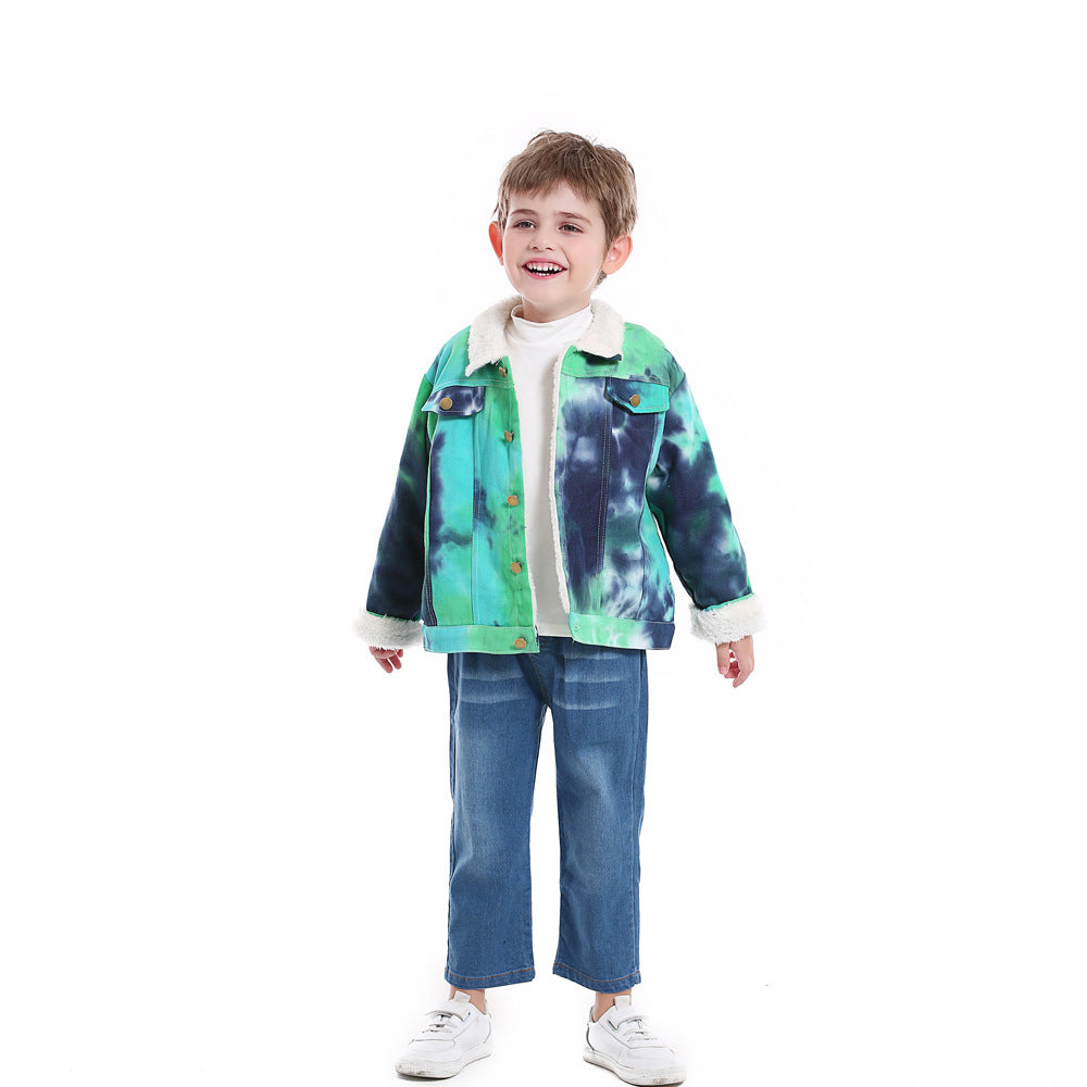 New arrivalkids winter outweargirlk-style tie-dye thick imitation cashmerelapel baby denim fleece-lined cotton jacket