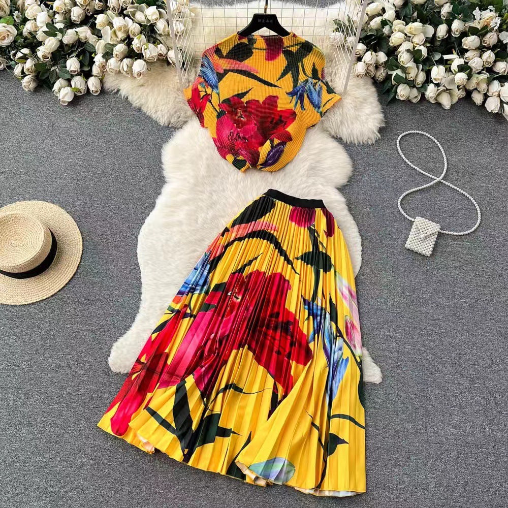 European and american cross-border fashion women's clothing  autumn new french-style design printed top and pleated skirt set with cinched waist