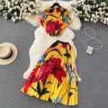 European and american cross-border fashion women's clothing  autumn new french-style design printed top and pleated skirt set with cinched waist
