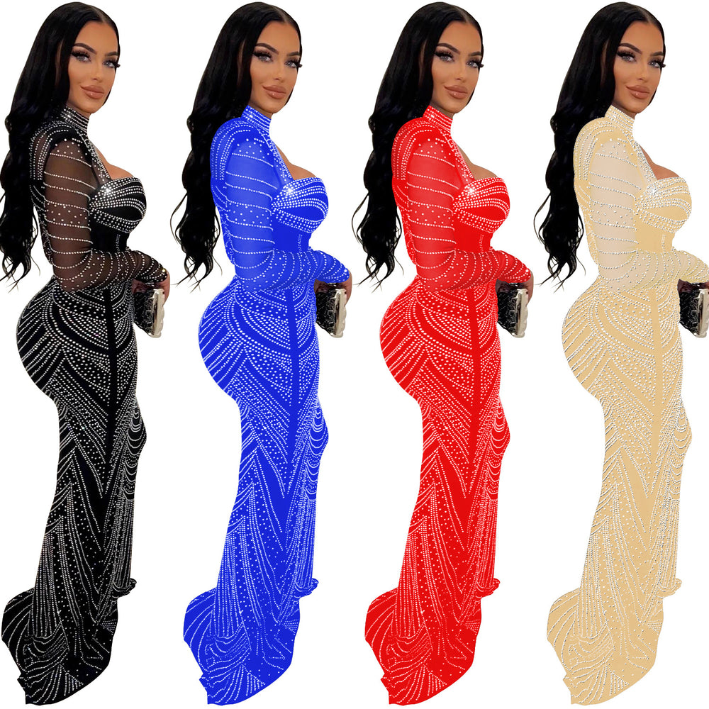 C6170 cross-border   fashion women's solid color hotfix rhinestone mesh long sleeve v-neck dress