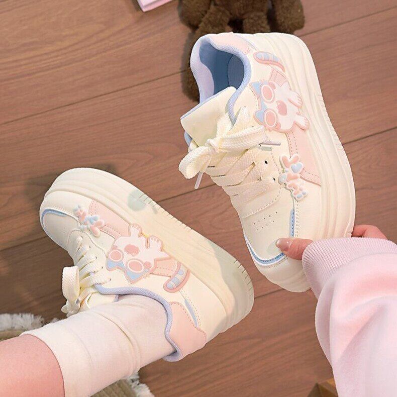 Simple pink women's shoes cute kitten white shoes women  spring and autumn new cartoon student thick solek-style sneakers