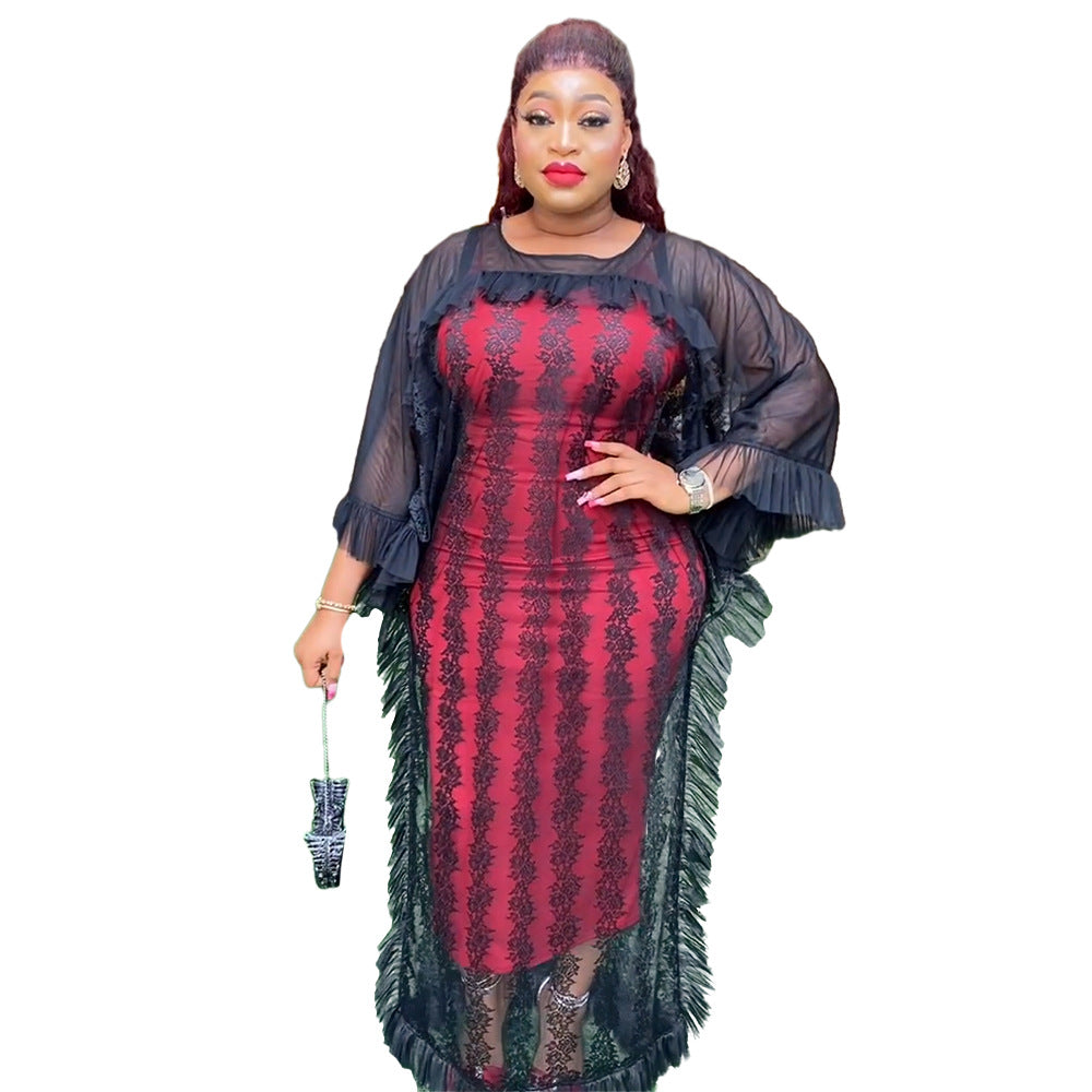 Fashion cross-border foreign trade  mesh patchwork dress african plus size women's suspender skirt two-piece setin stock