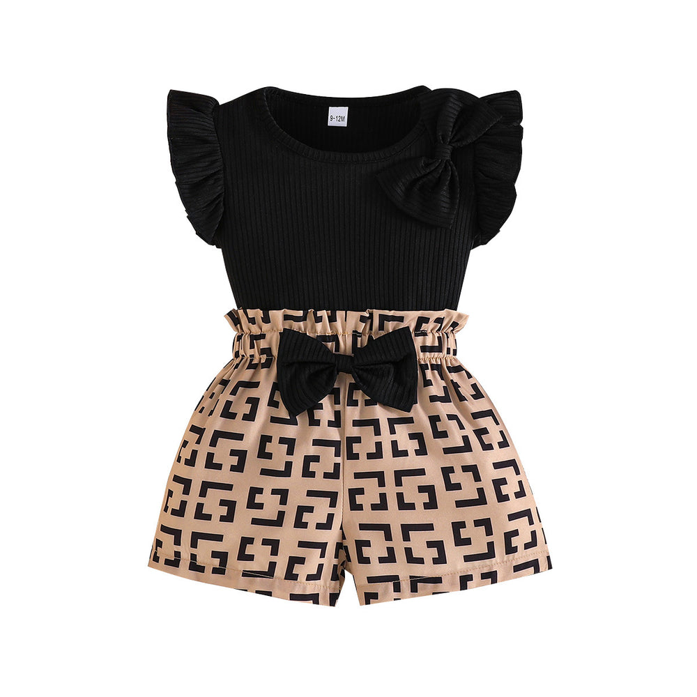 European and american style girls' summer outfit: flutter sleeve knit top + printed shorts two-piece set