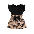 European and american style girls' summer outfit: flutter sleeve knit top + printed shorts two-piece set