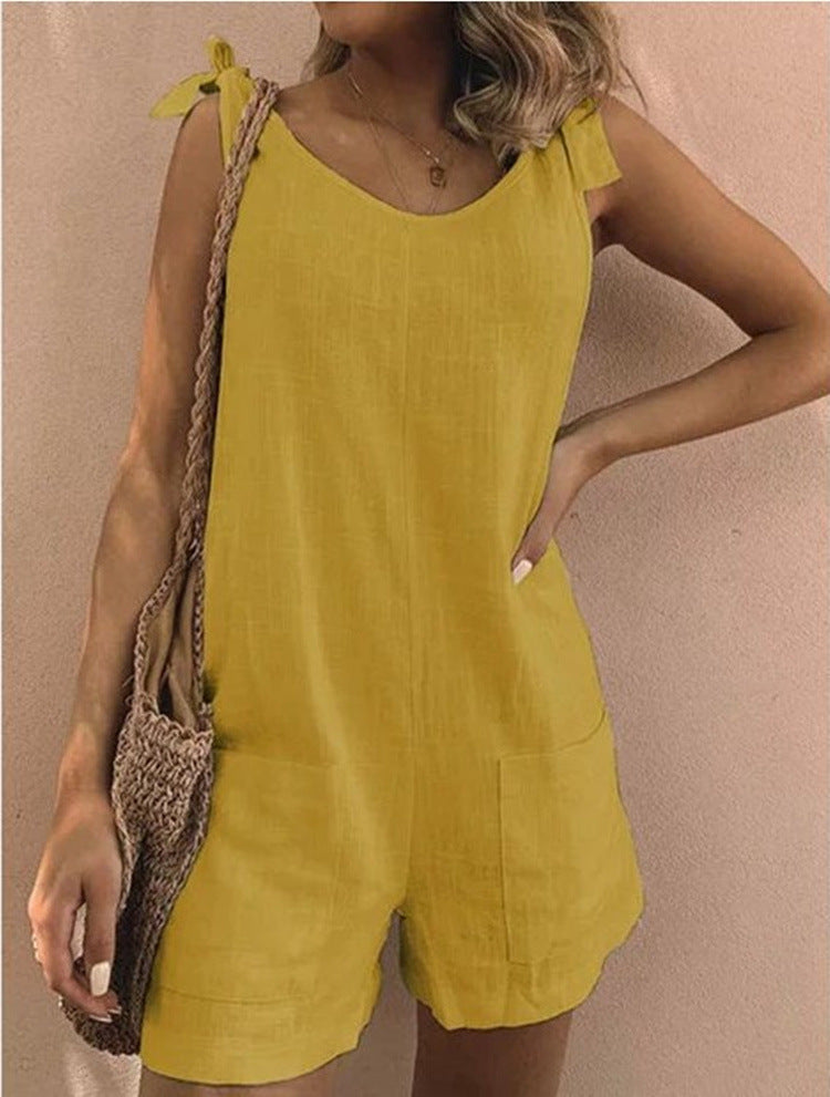 summer   hot-selling solid color cotton linen patch pocket fashion jumpsuit