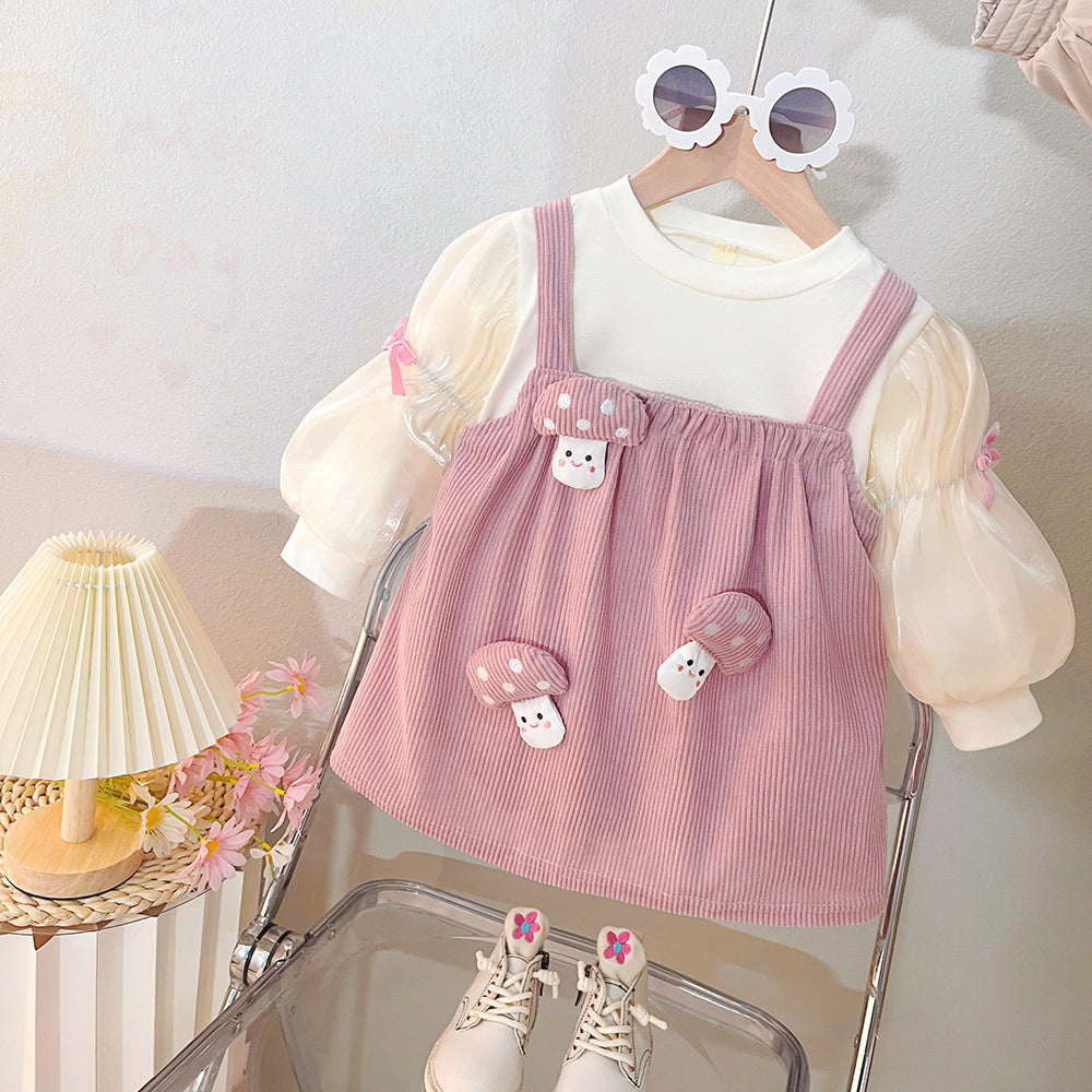 Kids cute dressspringnew arrivalfashion style korean version little girl outwearfake two-piece suspender patchwork skirt