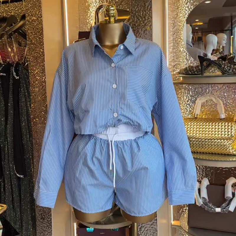 European and american women's clothing  autumn new collection: sweet and fresh striped turn-down collar long-sleeve shirt and drawstring waist shorts two-piece set