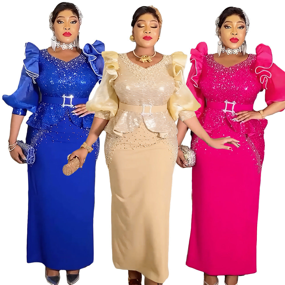 African plus size women's fashion bubble sleeve dress - european and american style party evening beaded sequin high waist gown