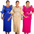 African plus size women's fashion bubble sleeve dress - european and american style party evening beaded sequin high waist gown