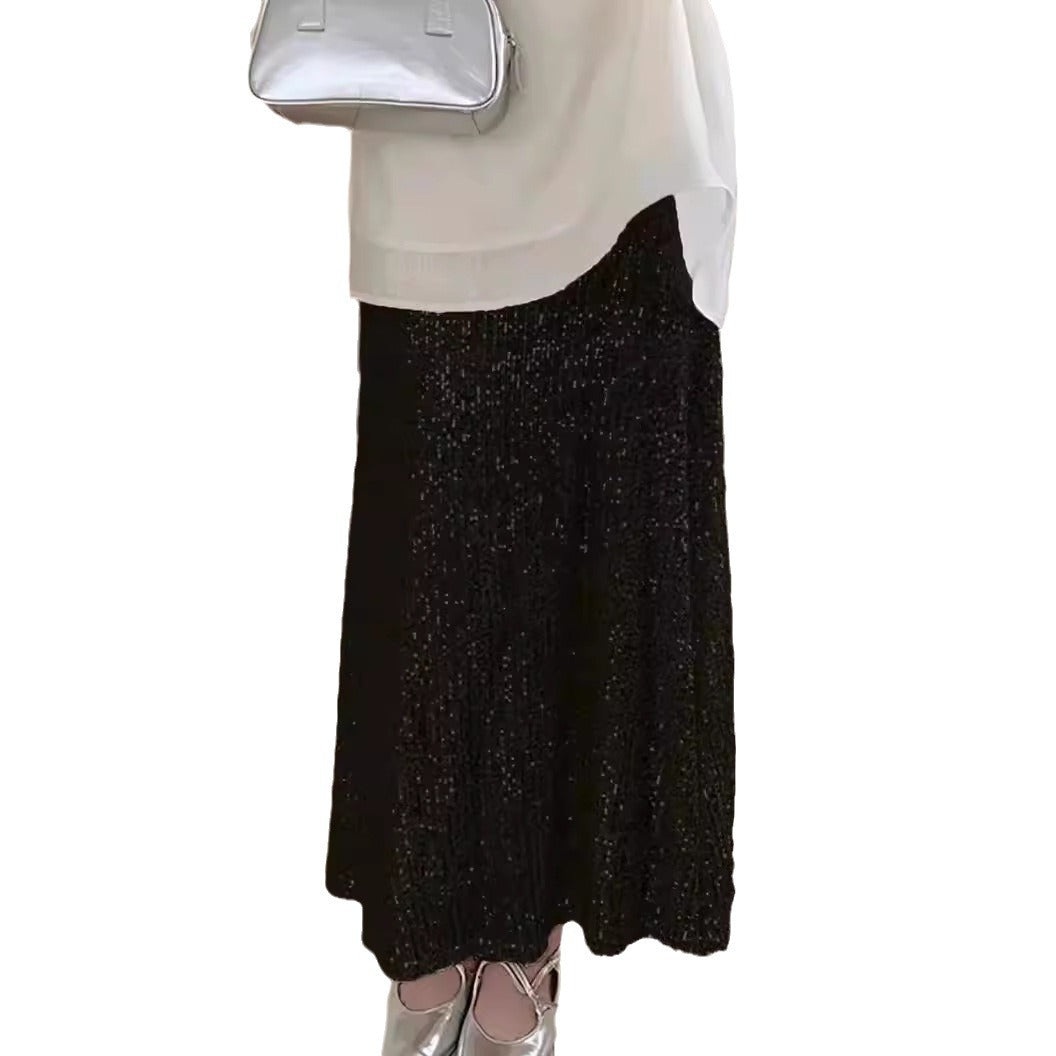 2025 European and American   new fashion sequins elastic high waist lining elastic drape skirt long skirt women