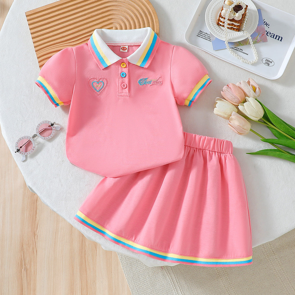 summer new arrival: girls' cute embroidered rainbow stripe collar polo dress two-piece outfit