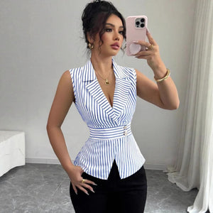 summer cross-border  fashion slim-fit new women's shirt - striped button-up sleeveless v-neck blouse